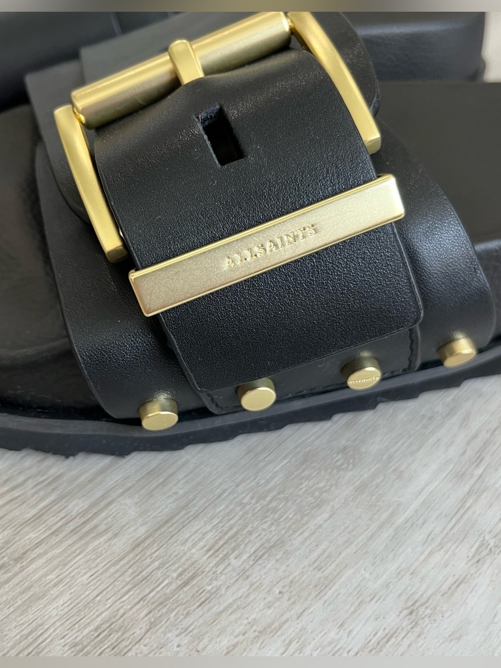 AllSaints Ellie Stud Slider Black Leather Gold Sandal Shoe 9 / EU 39 NWT NWOB - Picture 3 of 11